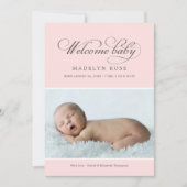 Elegant Welcome Baby Girl Bleek Roze Foto geboorte Aankondiging (Voorkant)