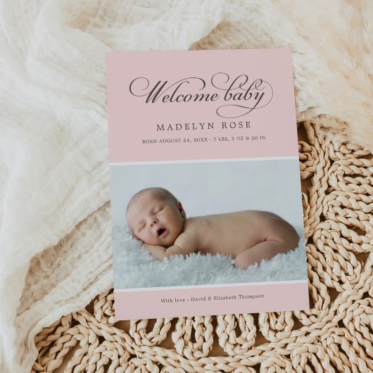 Elegant Welcome Baby Girl Bleek Roze Foto geboorte Aankondiging