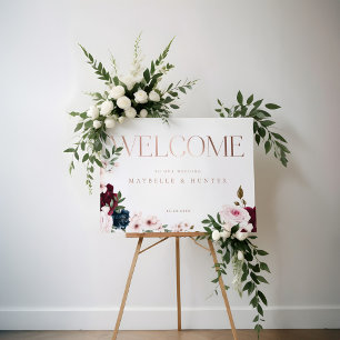 Elegant Welcome Roos Gold Burgundy & Navy Florals Poster