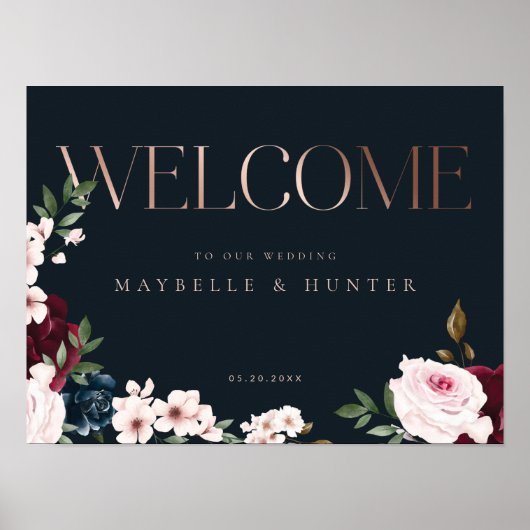 Elegant Welcome Roos Gold Burgundy & Navy Florals Poster (Voorkant)