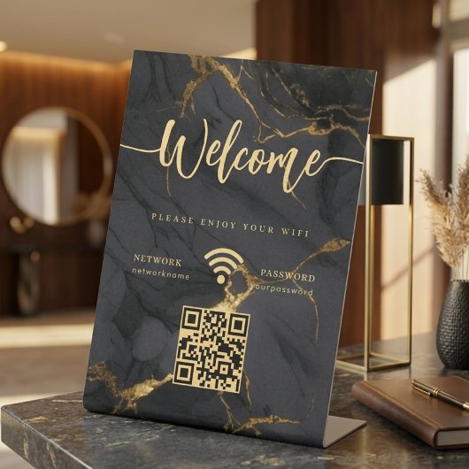 Elegant Welcome Script WIFI Agate Black Marble Reclamebord Met Voetstuk