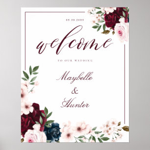 Elegant Welcome Waterverf Burgundy & Navy Floral Poster