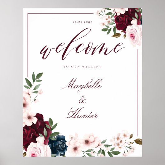 Elegant Welcome Waterverf Burgundy & Navy Floral Poster (Voorkant)