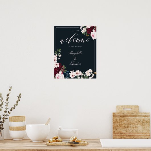 Elegant Welcome Waterverf Burgundy & Navy Floral Poster (Keuken)