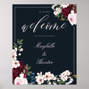 Elegant Welcome Waterverf Burgundy & Navy Floral Poster