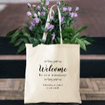 Elegant Welcome Wedding Hotel Guest Favor Black Tote Bag<br><div class="desc">Een elegante, klassieke trouwgast gunt een tas met een stijlvol design in verfijnd zwart op een transparante achtergrond die het natuurlijke achtergrondmateriaal en de kleur laat zien. Dit moderne, eenvoudige ontwerp biedt tijdloze, klassieke verfijning. Personaliseer de namen van het paar en de gebeurtenisdatum in elegant het schrijven en manuscript. Dit...</div>