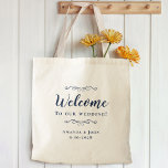 Elegant Welcome Wedding Hotel Guest Favor Blue Tote Bag<br><div class="desc">Een elegante, klassieke trouwgast gunt een tas met een stijlvol design in trendy marine blue op een transparante achtergrond die het natuurlijke achtergrondmateriaal en de kleur laat zien. Dit moderne, eenvoudige ontwerp biedt tijdloze, klassieke verfijning. Personaliseer de namen van het paar en de gebeurtenisdatum in elegant blauw het schrijven en...</div>