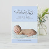 Elegant Welkom Baby Jongen Poeder Blauw Foto Geboo Aankondiging (Staand voorkant)