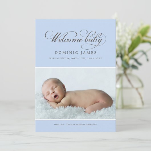 Elegant Welkom Baby Jongen Poeder Blauw Foto Geboo Aankondiging (Staand voorkant)