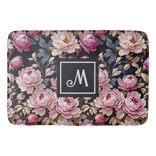 Elegant Welkom Blush Roze Pioen Bloemen Monogram Badmat (Voorkant)
