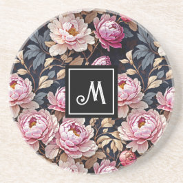 Elegant Welkom Blush Roze Pioen Bloemen Monogram Zandsteen Onderzetter