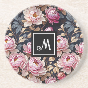 Elegant Welkom Blush Roze Pioen Bloemen Monogram Zandsteen Onderzetter