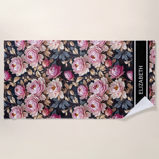 Elegant Welkom Blush Roze Pioen Bloemen Naam Strandlaken (Voorkant)