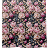 Elegant Welkom Blush Roze Pioen Bloemen Zwart Douchegordijn (Voorkant)