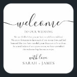 Elegant Welkom in onze trouwwelkomsttas Vierkante Sticker<br><div class="desc">Welkom bij ons trouwlabel voor bruiloft Welkomsttas. Het ontwerp kenmerkt een minimalistische lay-out van de stijltekst. Als u geavanceerde wijzigingen wilt aanbrengen,  selecteert u "Klik om verder aan te passen" onder Deze sjabloon personaliseren.</div>