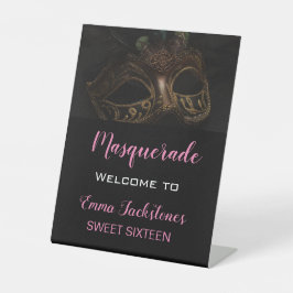 Elegant Welkom Roze Zwart Masquerade Verjaardag Reclamebord Met Voetstuk