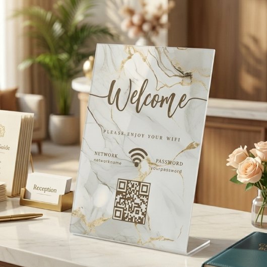 Elegant Welkomstscript WIFI QR Code Agate Marmer Reclamebord Met Voetstuk
