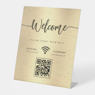 Elegant welkomstscript WIFI QR Code Metallic Gold Reclamebord Met Voetstuk