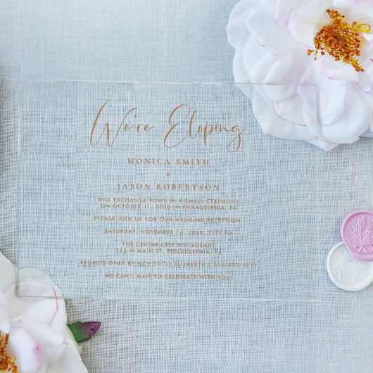 Elegant We're Eloping Gold Wedding Receptie Acryl Uitnodigingen