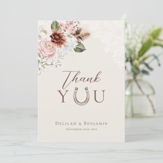 Elegant Western Cowboy Floral Crest Script Bedankkaart (Staand voorkant)