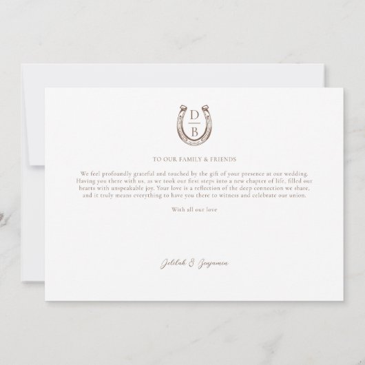 Elegant Western Rustic Wedding Horseshoe Monogram  Bedankkaart (Achterkant)