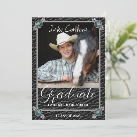 Elegant Westerne Stijl Lederen Foto Afstuderen Inv Kaart (Staand voorkant)