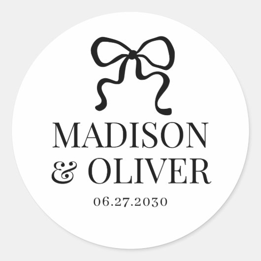 Elegant Whimsical Black Bow Monogram Wedding Ronde Sticker (Voorkant)