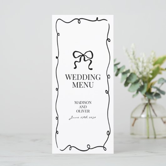 Elegant Whimsical Black Bow Tie Monogram Wedding Menu (Staand voorkant)