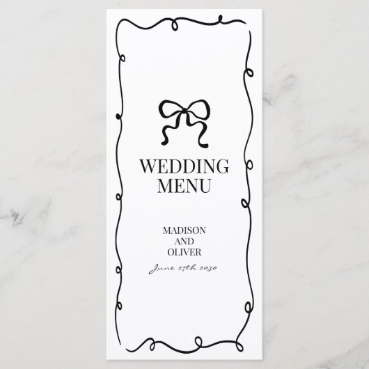 Elegant Whimsical Black Bow Tie Monogram Wedding Menu (Voorkant)