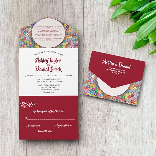 Elegant Whimsical Classy Burgundy Floral Wedding All In One Uitnodiging
