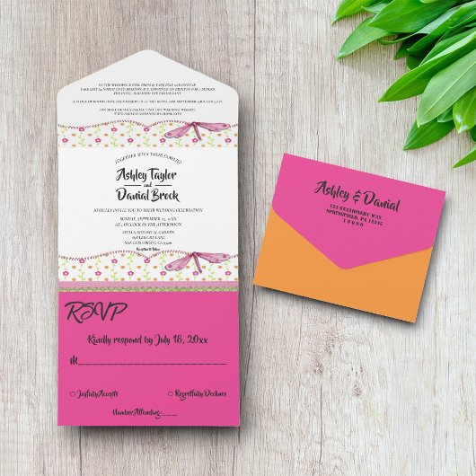 Elegant Whimsical Country Summer Floral Wedding All In One Uitnodiging