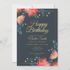 Elegant, Whimsical Flowers, Dark Blue, Gold Accent Kaart