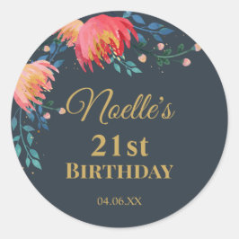 Elegant, Whimsical Flowers, Dark Blue, Gold Accent Ronde Sticker