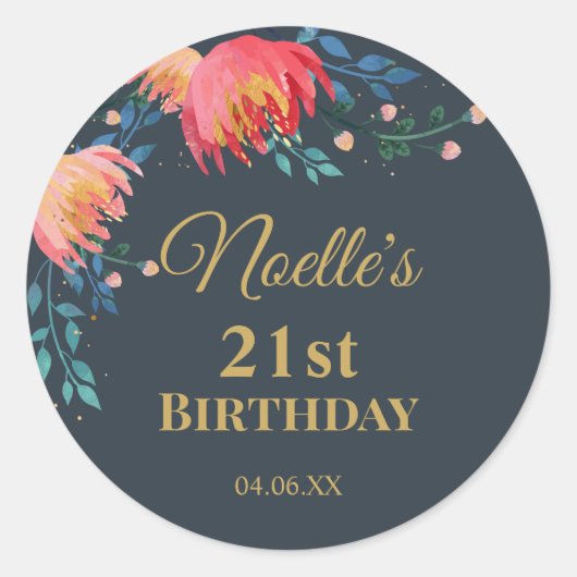 Elegant, Whimsical Flowers, Dark Blue, Gold Accent Ronde Sticker (Voorkant)