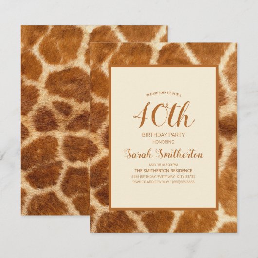 Elegant Whimsical Giraffe Print 40e verjaardag Kaart (Voorkant / Achterkant)