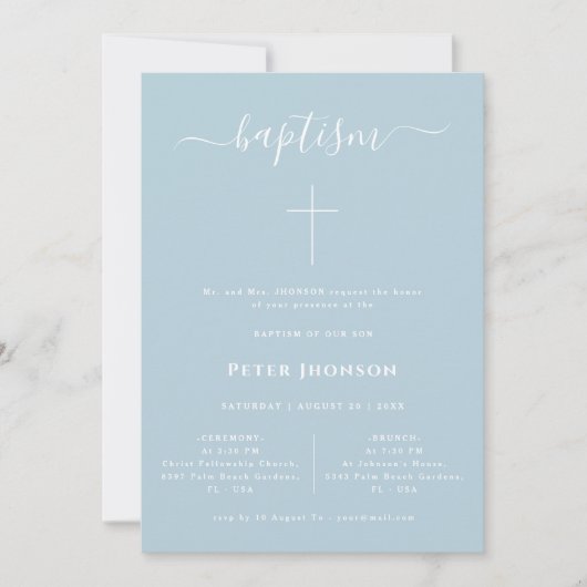 Elegant Whimsy Script Dusty Blue Baptism Foto Kaart (Voorkant)