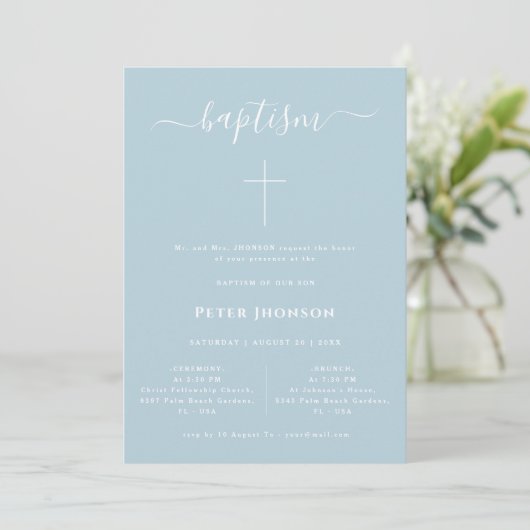 Elegant Whimsy Script Dusty Blue Baptism Foto Kaart (Staand voorkant)