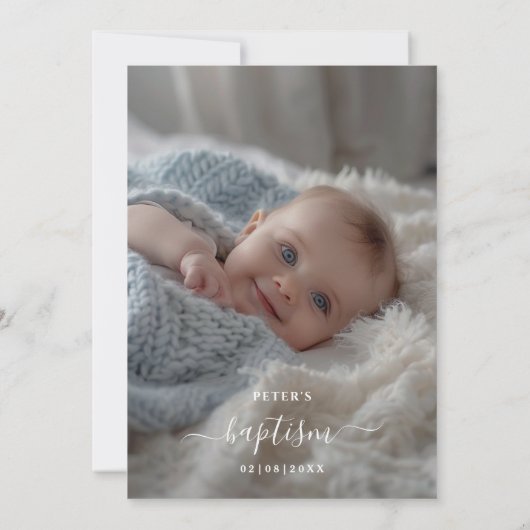 Elegant Whimsy Script Dusty Blue Baptism Foto Kaart (Achterkant)