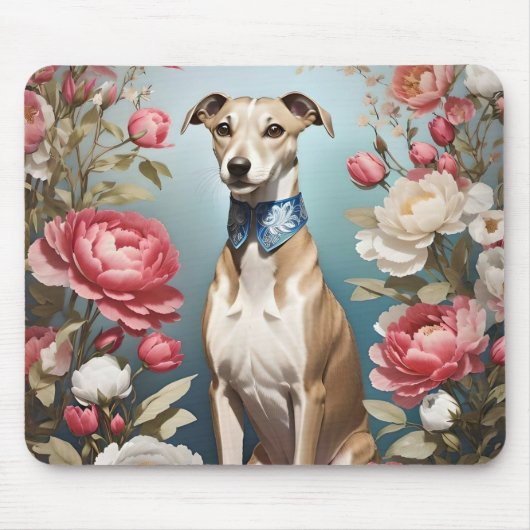 Elegant Whippet Portret Roze Pioen Bloemen Muismat (Voorkant)