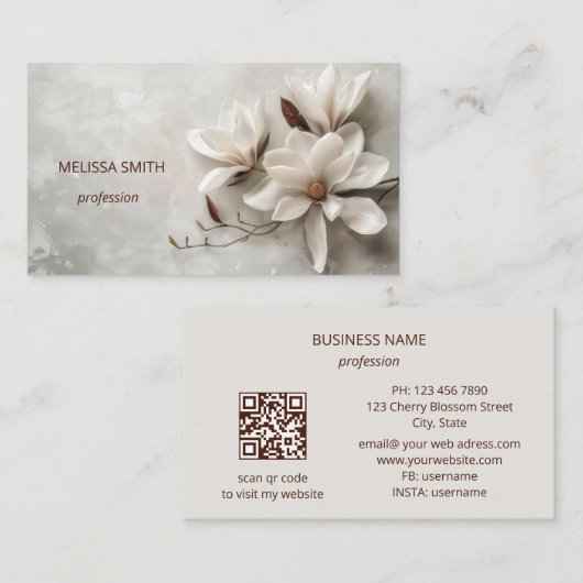 Elegant White 3D Magnolia Visitekaartje (Voorkant / Achterkant)