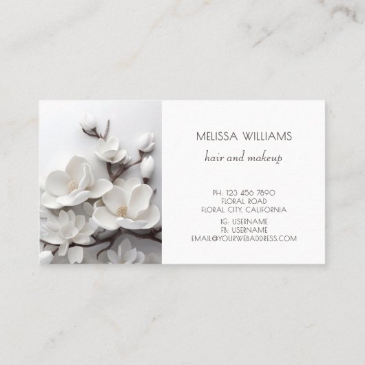 Elegant White 3D Magnolia Visitekaartje (Achterkant)