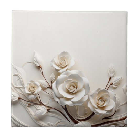 Elegant White 3D Roses Tegeltje (Voorkant)
