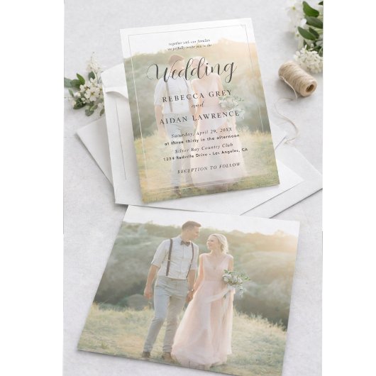 Elegant White and Black Gold Border Photo Wedding Kaart