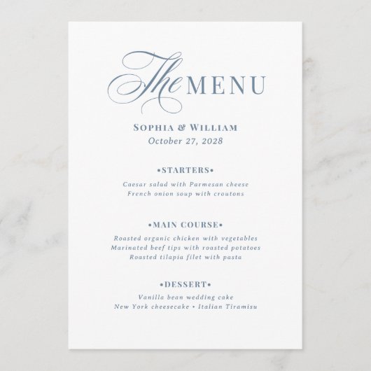 Elegant White and Dusty Blue | Classic Luxe  Menu (Voorkant)
