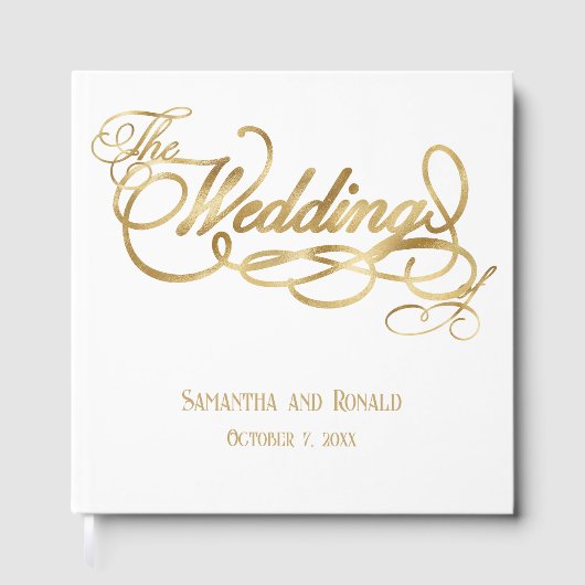 Elegant White and Faux Gold Calligraphy Wedding Gastenboek (Voorkant)