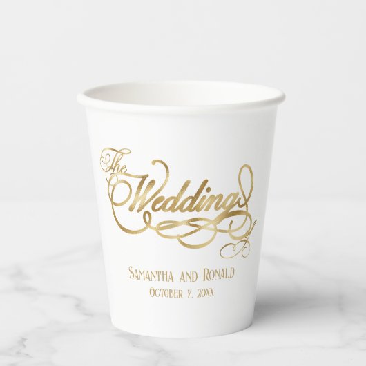 Elegant White and Faux Gold Calligraphy Wedding  Papieren Bekers (Voorkant)