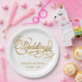 Elegant White and Faux Gold Calligraphy Wedding Papieren Bordje (Feest)