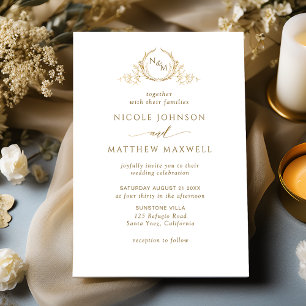 Elegant White and Gold Monogram Wedding Invitation Kaart