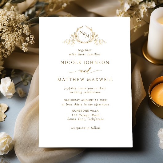 Elegant White and Gold Monogram Wedding Invitation Kaart