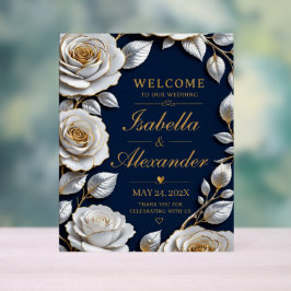 Elegant White and Gold Rose on Navy Blue Acryl Bord